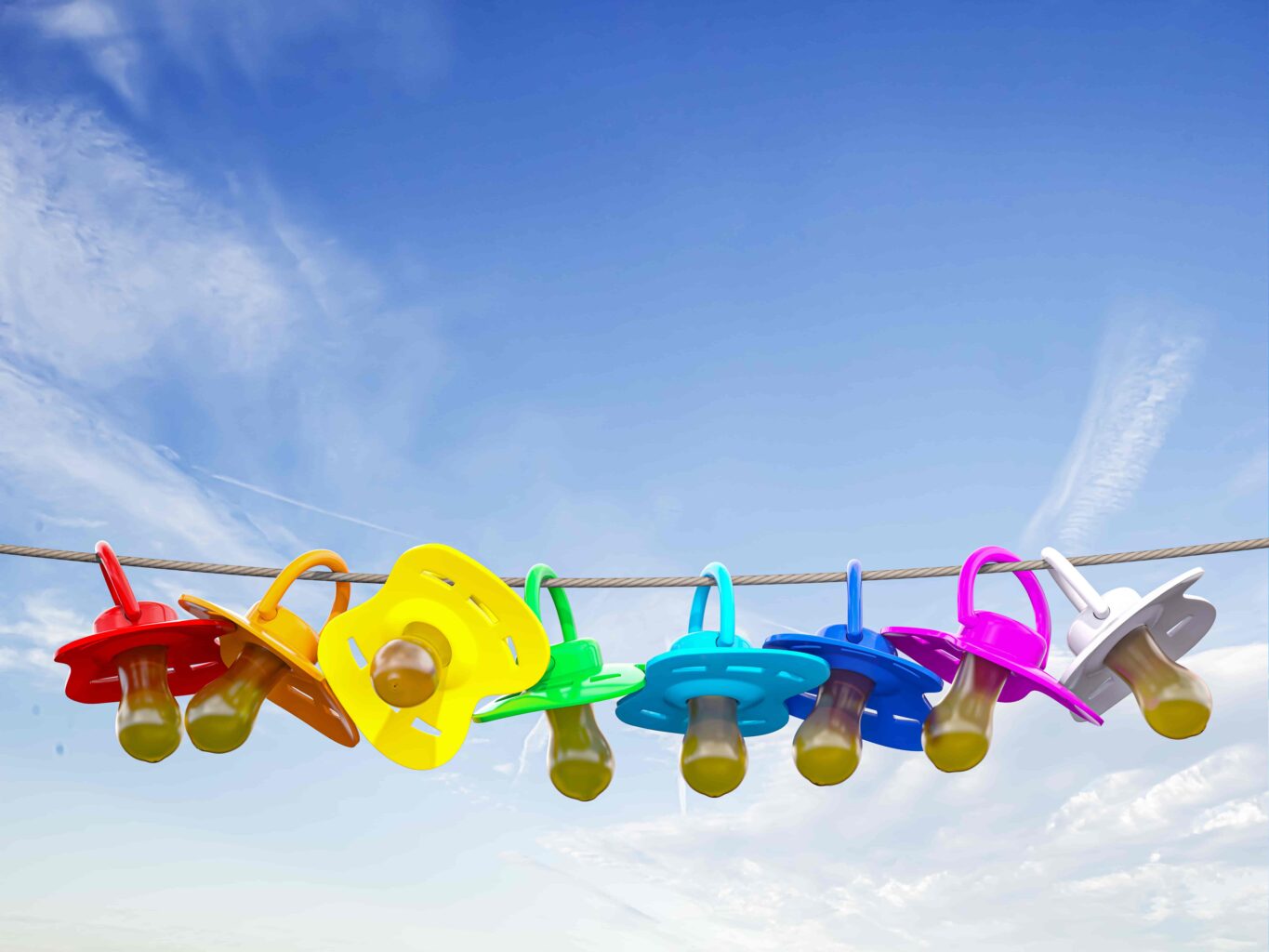 An image of a child pacifier, soother, and baby dummies on the rope.