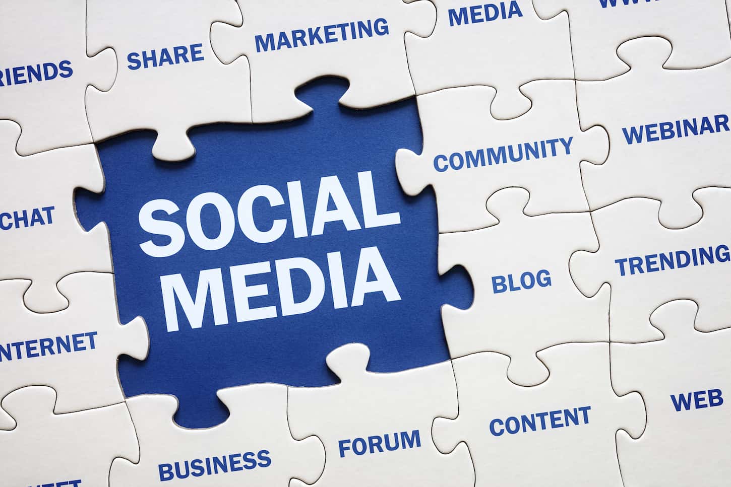 An image of a Social media concept jigsaw piece reading marketing, networking, community forums, internet, etc.