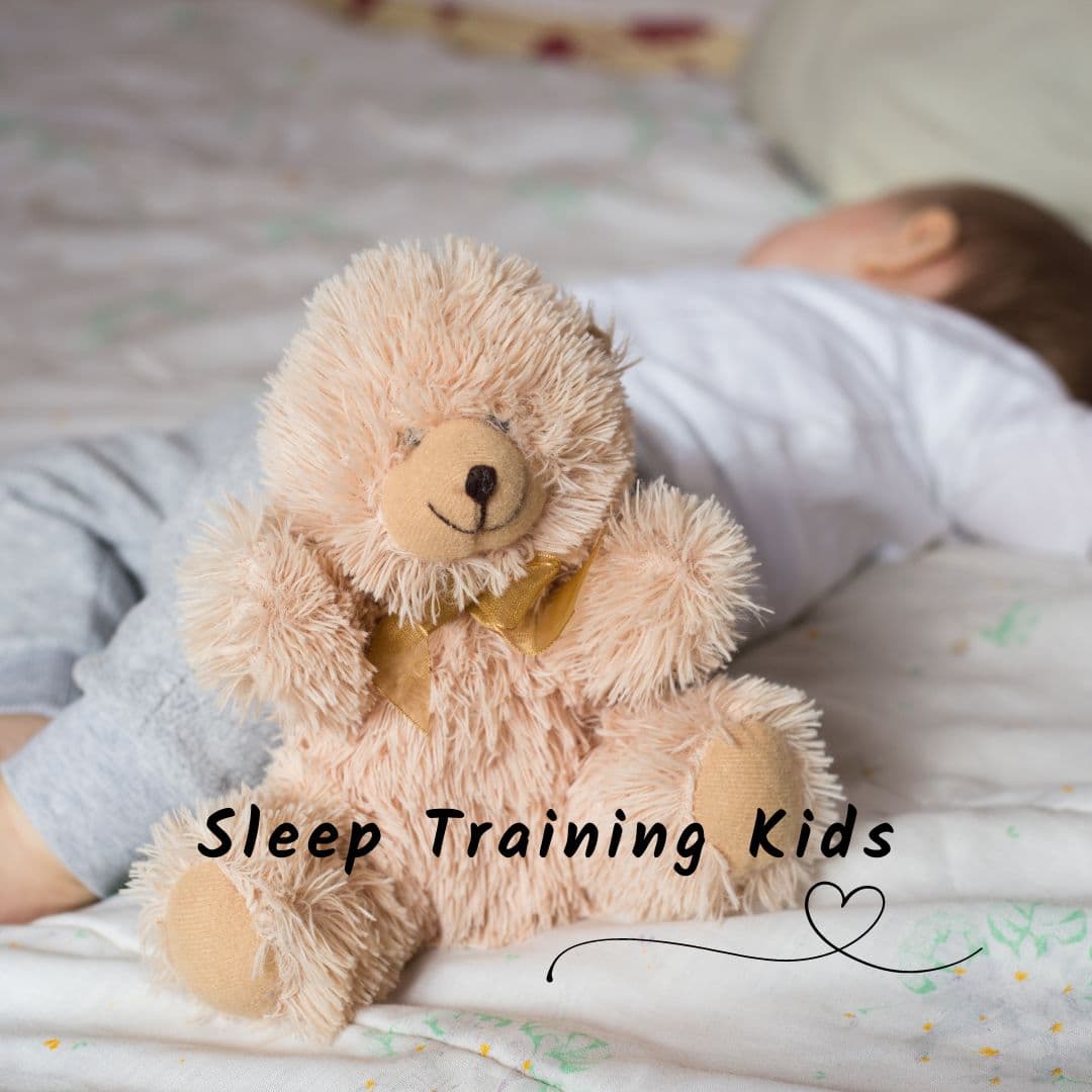An image of a baby sleeping with text overlay reading Sleep Training Kids